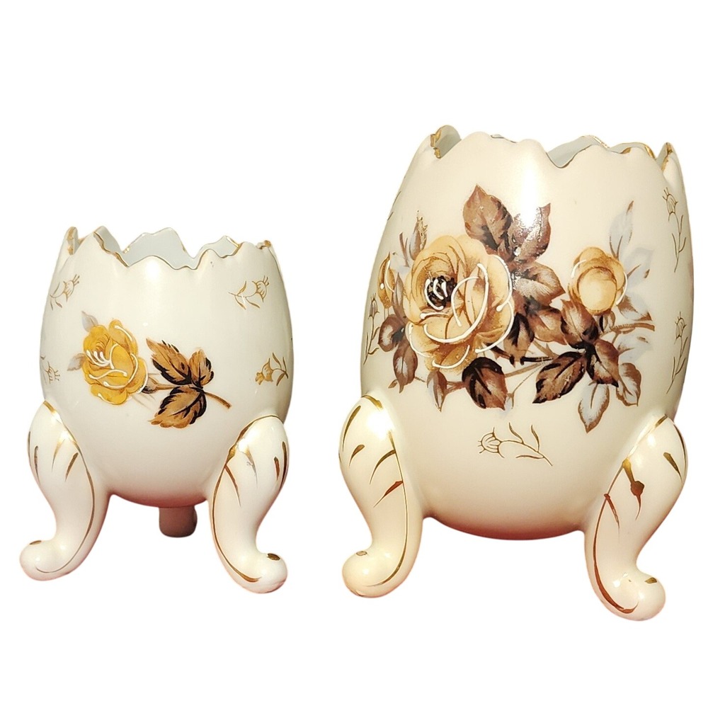 VTG Napcoware Vase Porcelain Egg Shaped 3 Footed Planters Set Floral Rose Decor